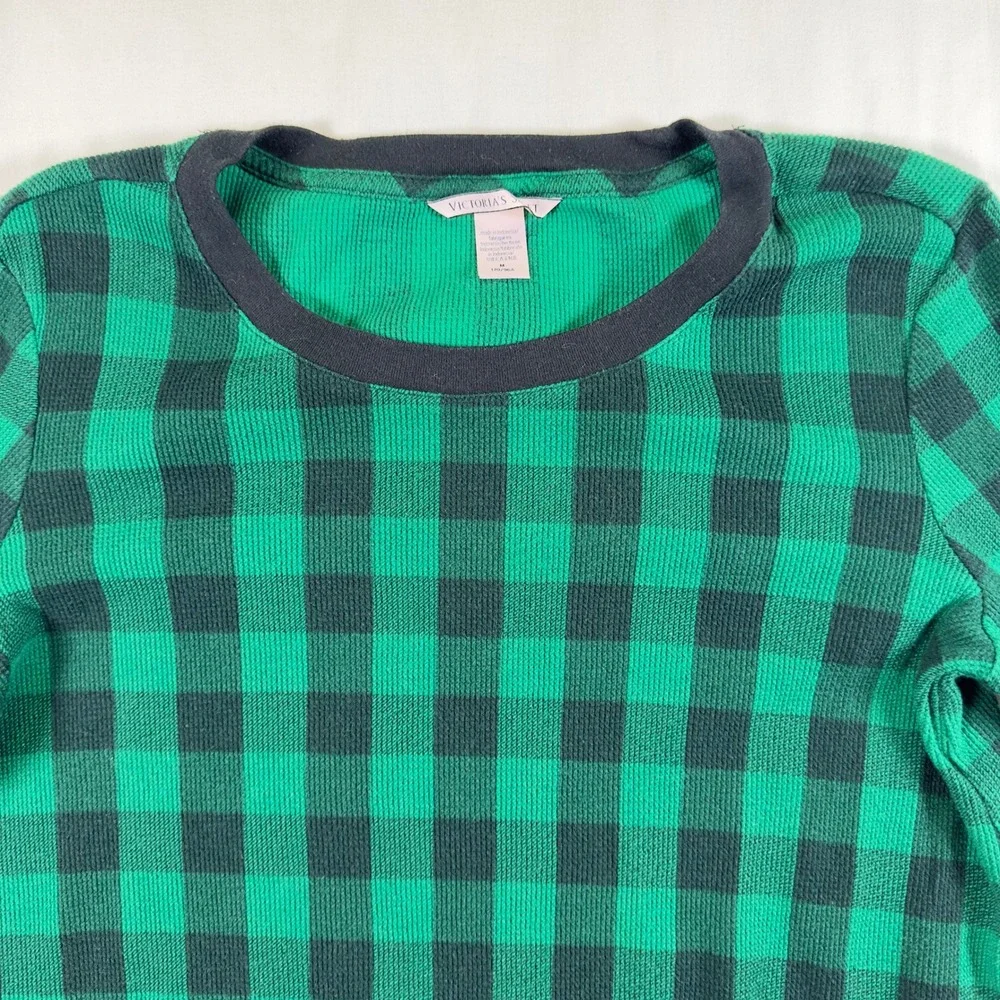 Victoria's Secret Womens Medium Green Black Plaid Thermal L/S Sleep Shirt Pajama